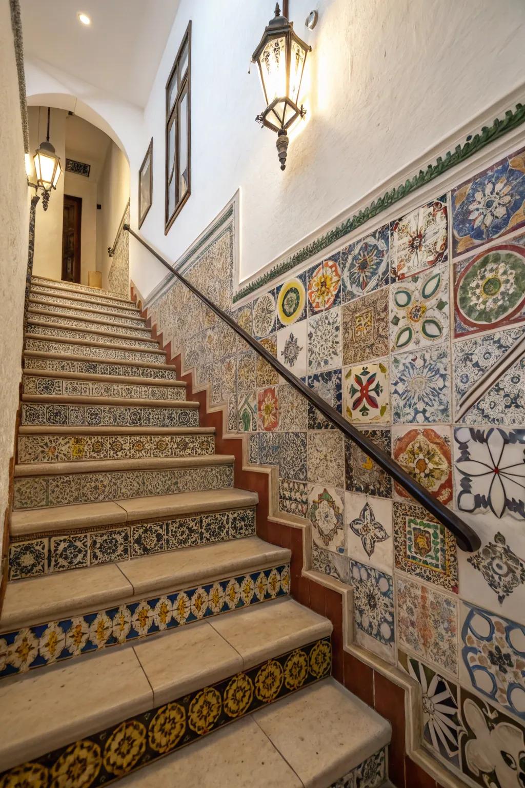 Tiled walls transform your stairway into a vibrant and captivating focal point.