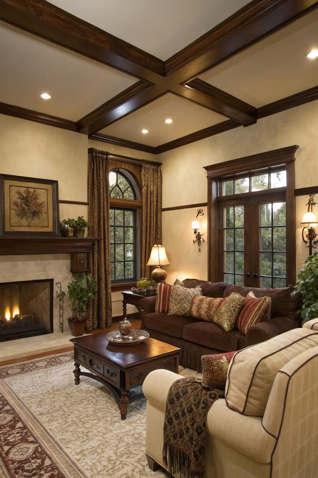 Warm and welcoming featuring cream walls and chocolate brown trim.