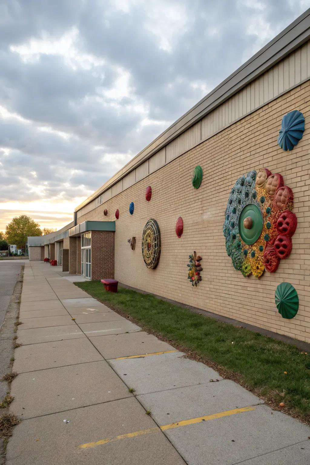Sculptural installations crafting a piece of art on a school wall