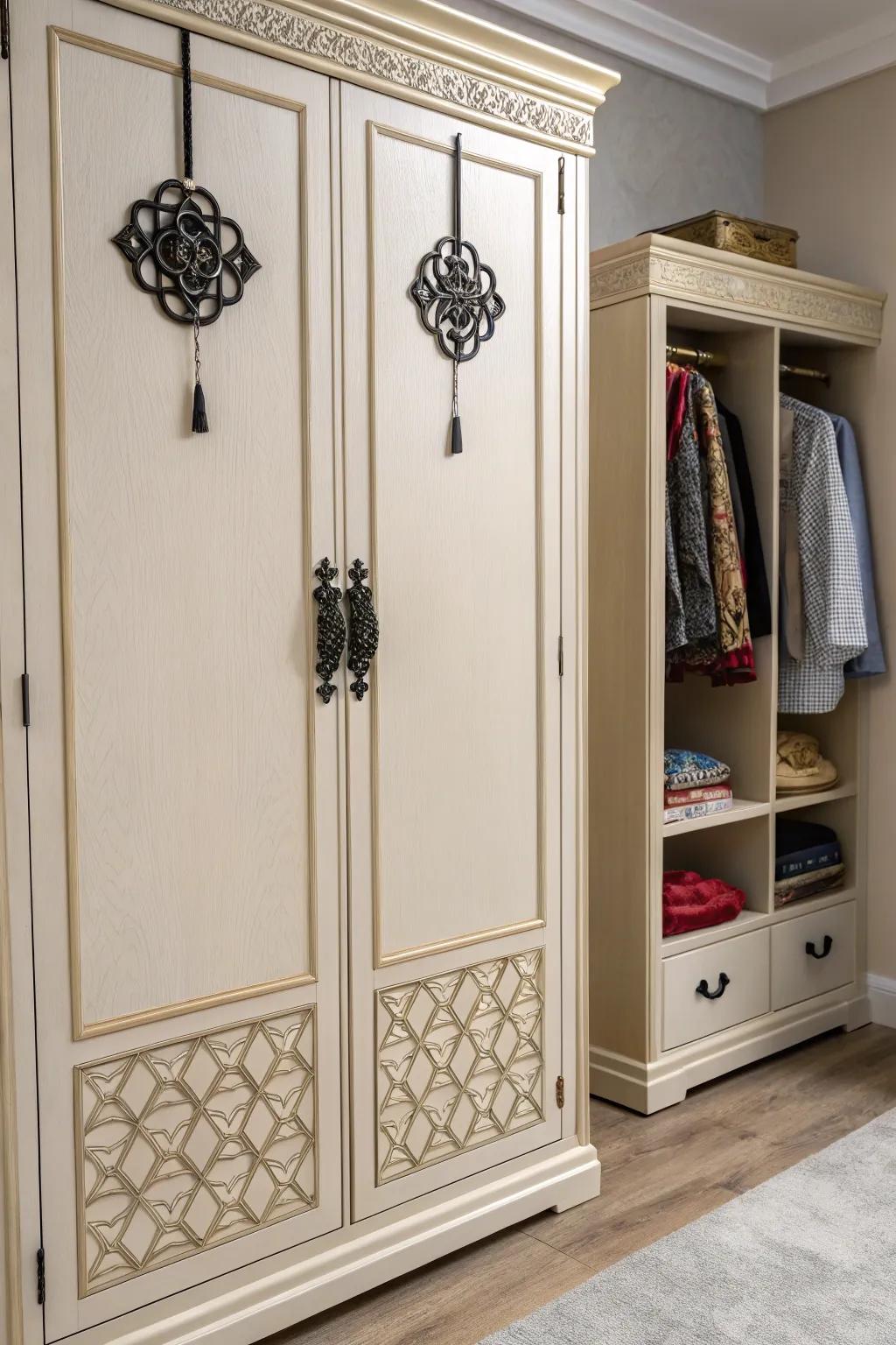 Ornamental handles infusing persona into the closet.