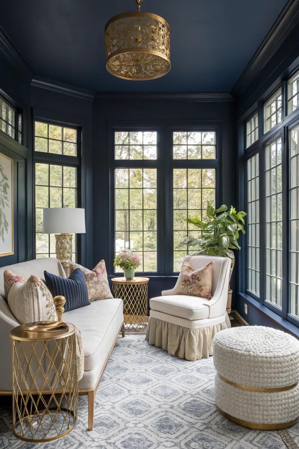 Sunroom with traditional ocean walls, presenting striking contrast and sophistication.