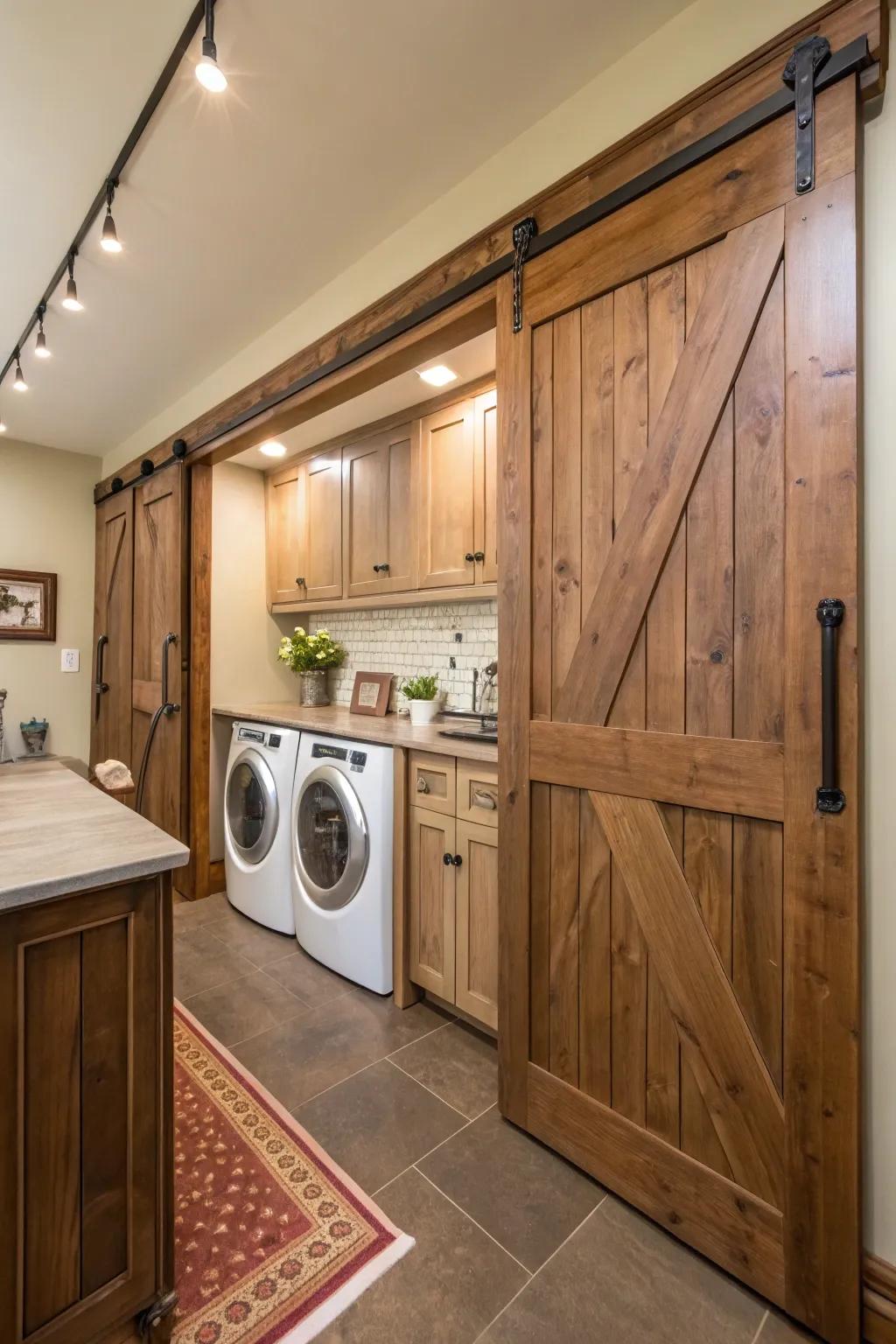Rustic sliding doors add rustic charm while hiding the clothes cleaning system.