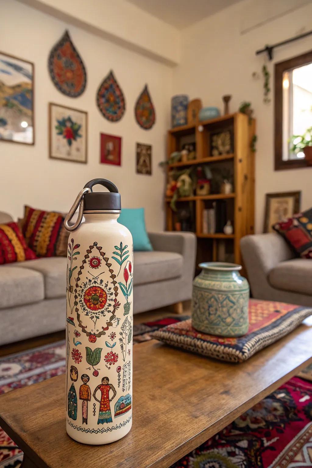 Cultural motif hydration container aesthetics for a worldly element.