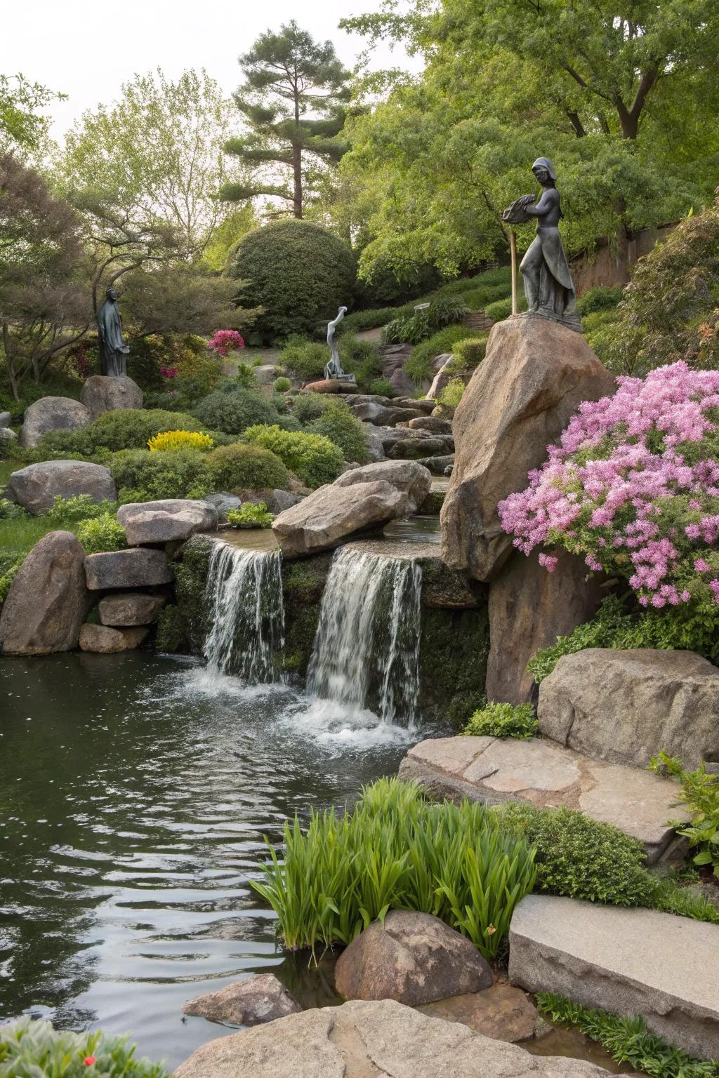 Blend art with nature through a statue cascade.