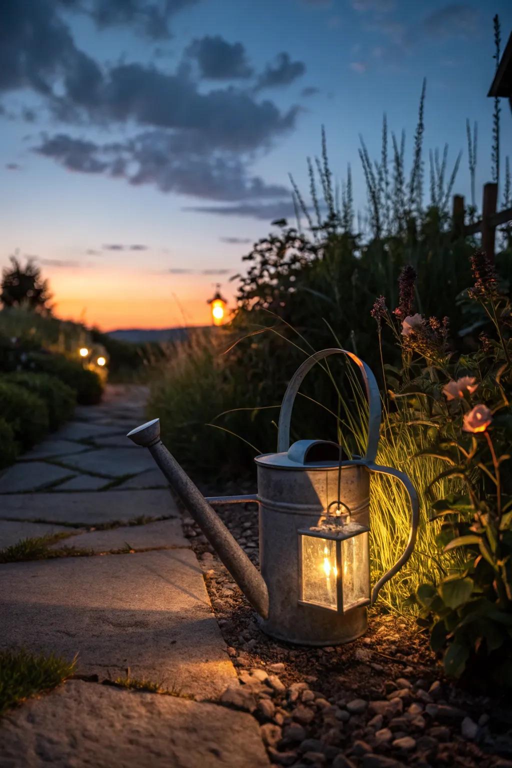 An outdoor luminary holder crafted from a watering can, illuminating the garden.