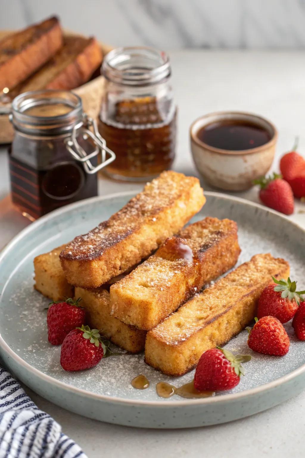 A nostalgic treat of French toast sticks accompanied by syrup for dipping.