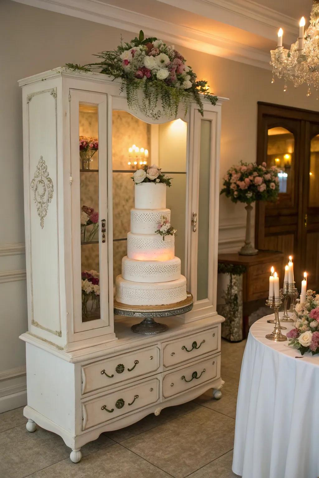 A vintage storage piece offering a distinctive base for the wedding cake.