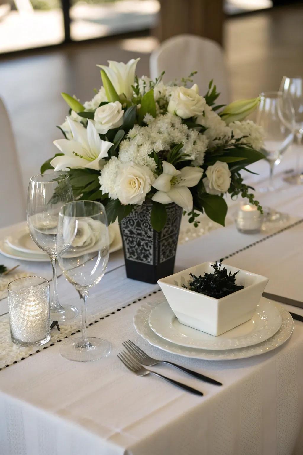 A city-chic ebony and alabaster centerpiece oozes modern gracefulness.