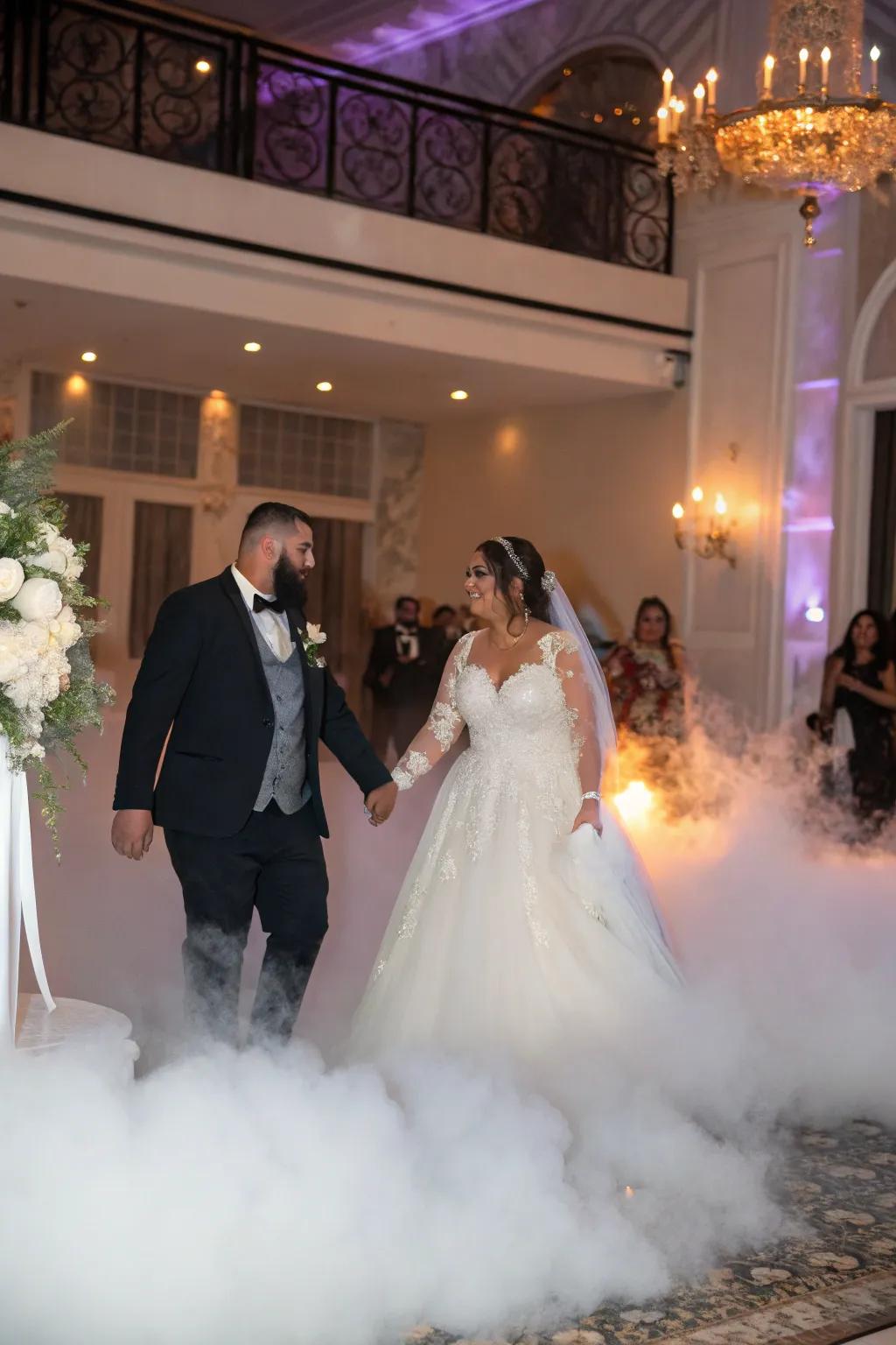 A smoke effect adds drama and mystery to the couple's entrance.