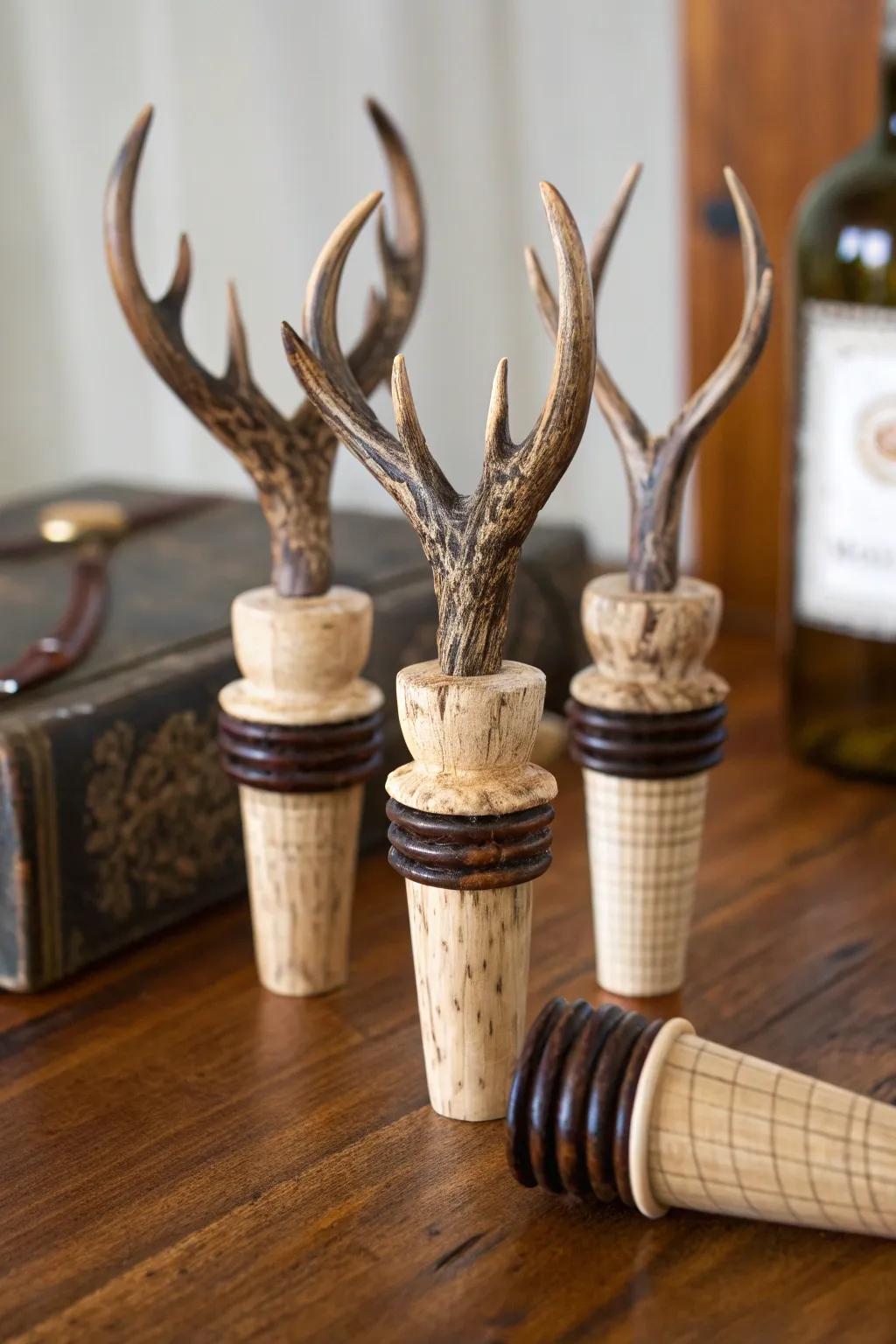 Antler bottle plugs serving as a countryside and distinctive wedding gift