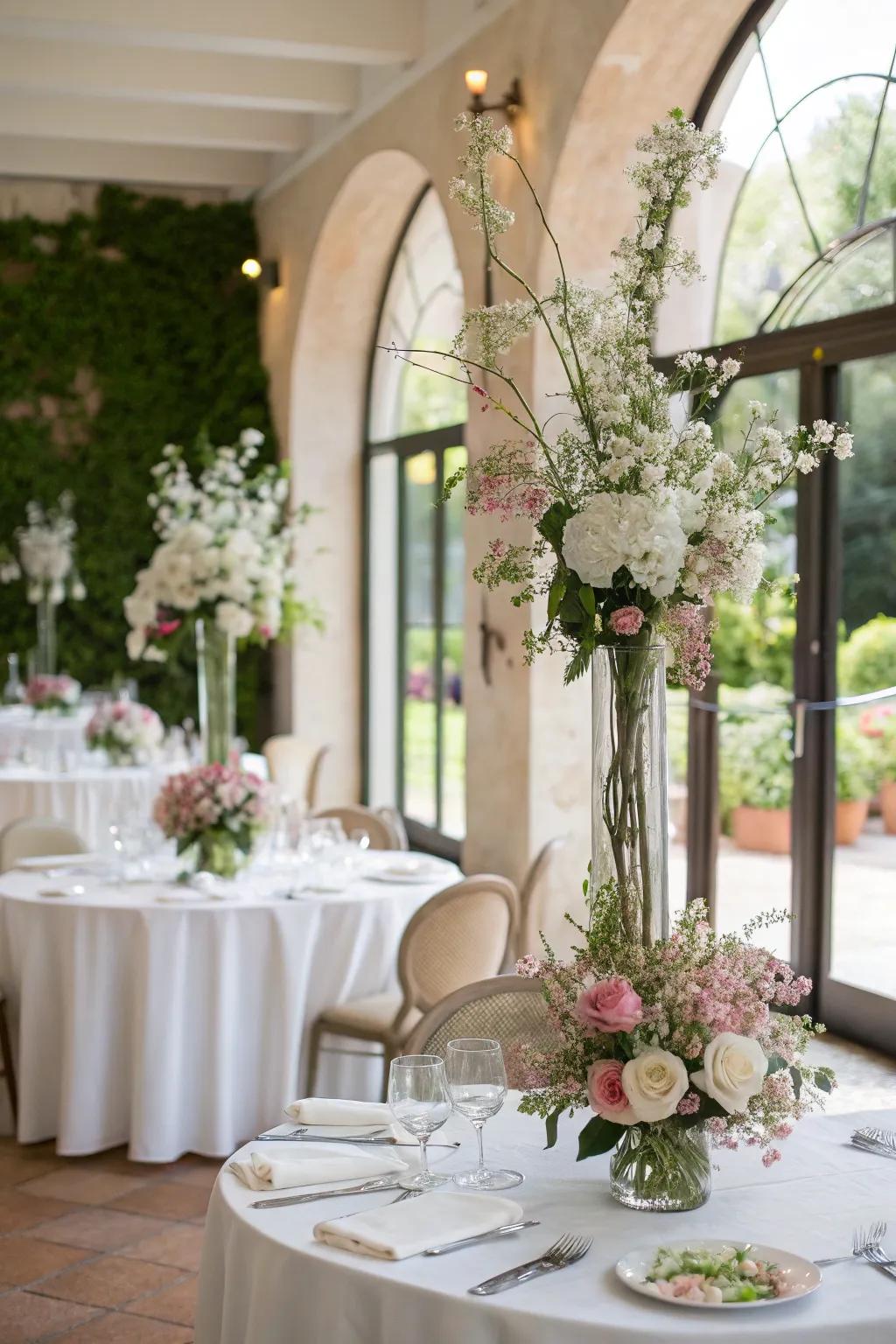 Artistic Ikebana floral arrangements, adding structure and elegance to the wedding décor.