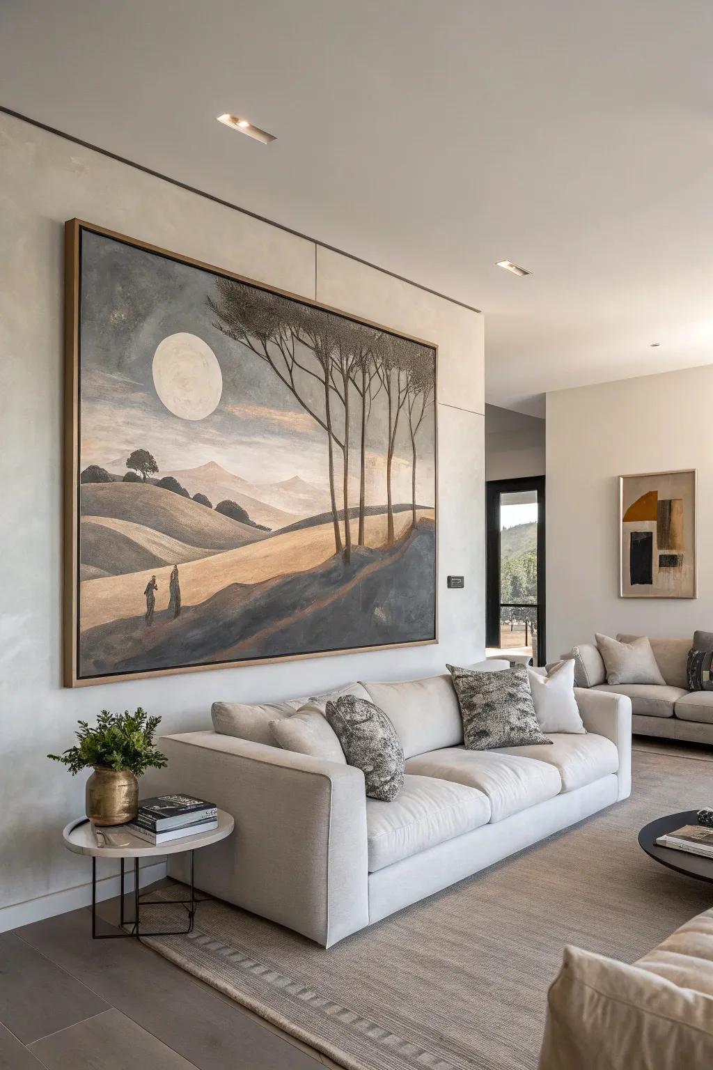 A simplistic surrealist painting injecting fascination into a contemporary living space.