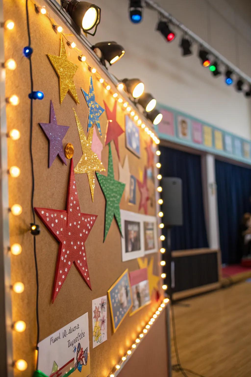 A spotlight-themed board to commemorate student accomplishments and talents.