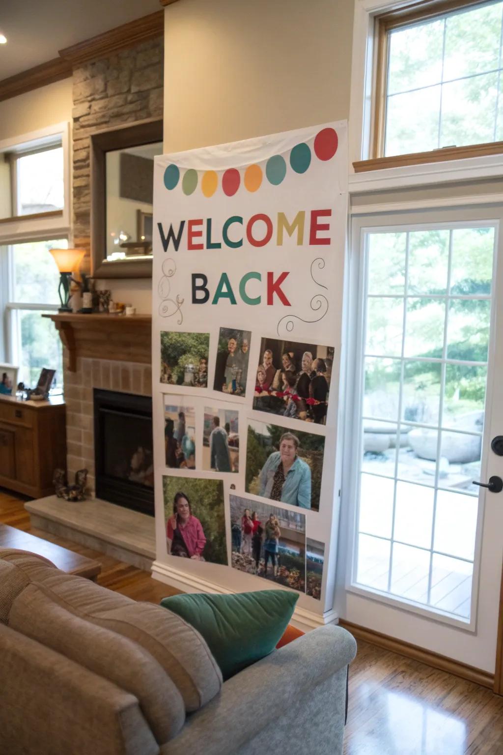 A snapshot montage poster celebrates memories in a family living room.
