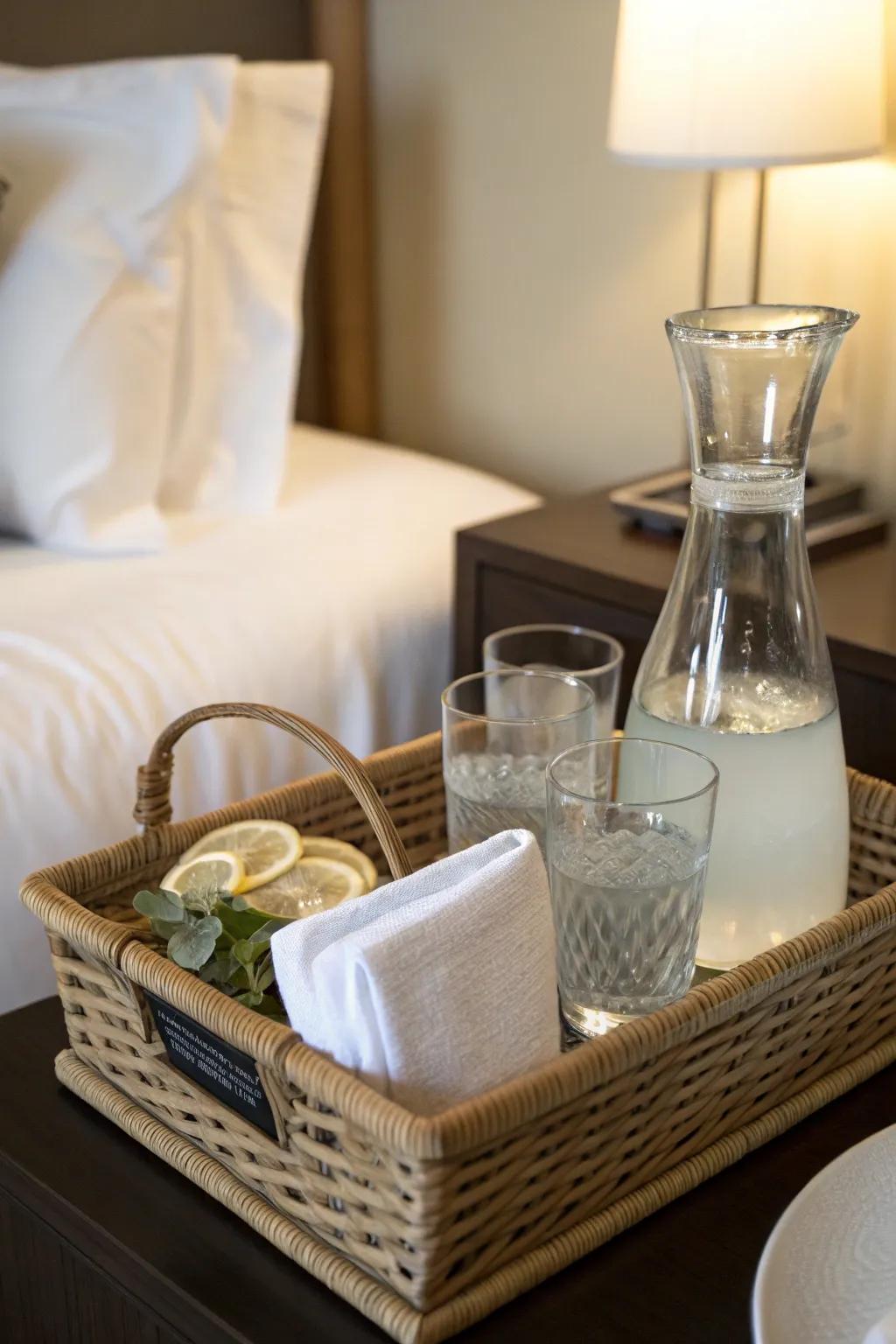 A refined liquid container provides a hint of refined hospitality.