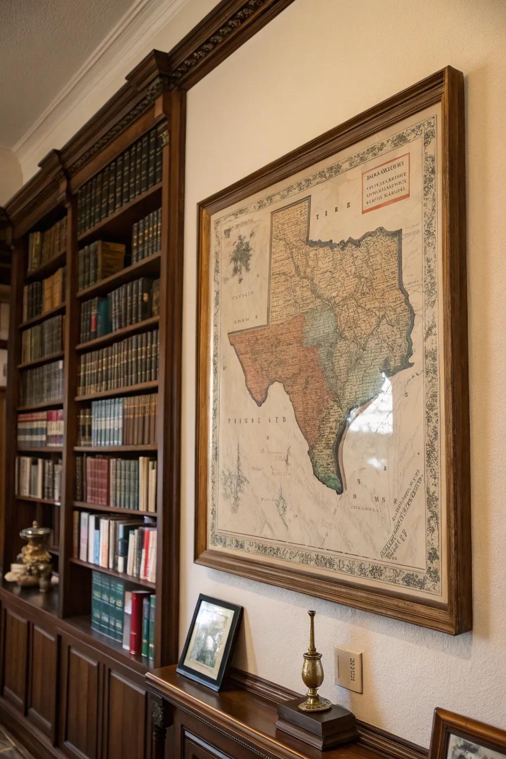 A framed old map of Texas evoking adventure.
