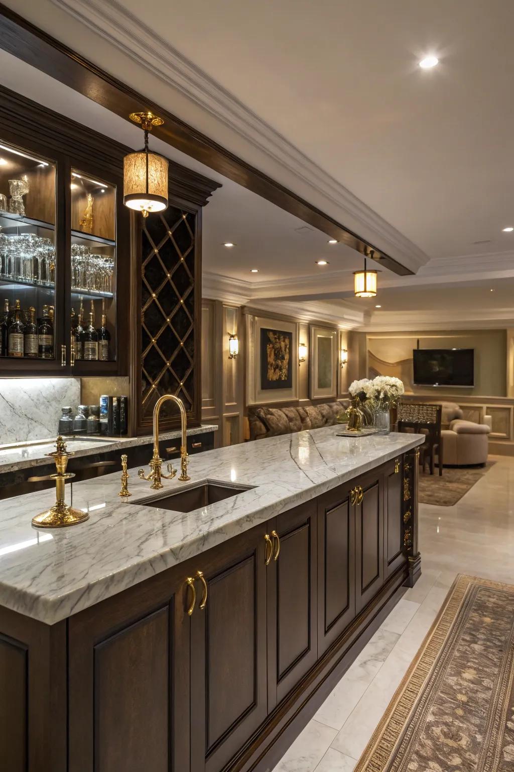 Marble countertops add an immediate touch of luxury and sophistication.