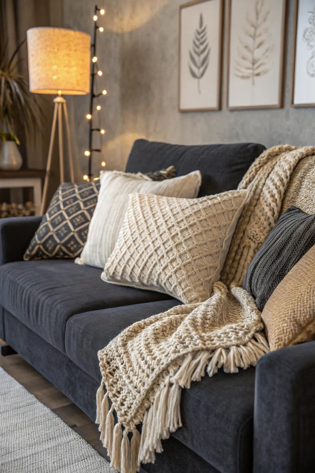 Textured neutral pillows add dimension and calmness.