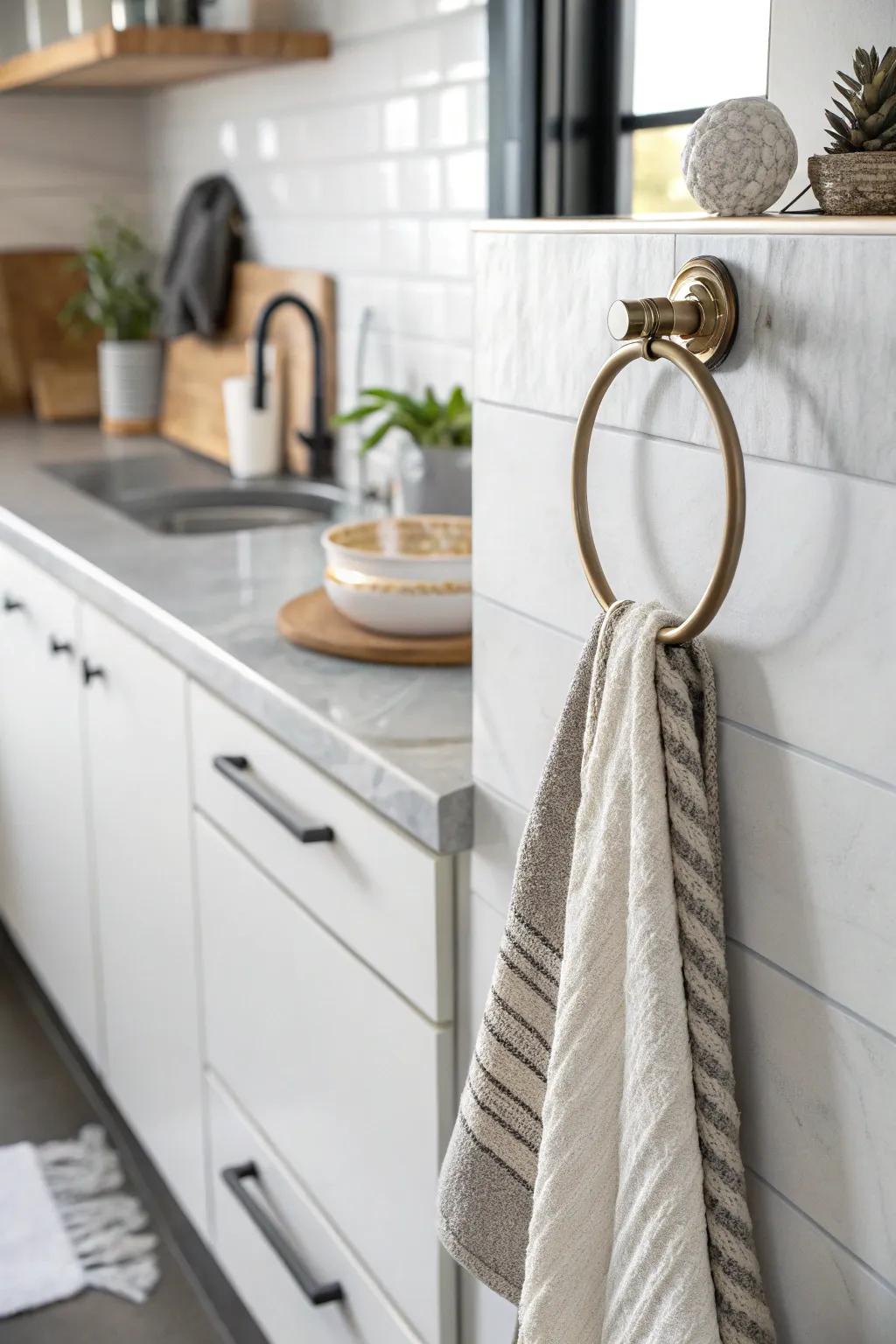 Employ a stylish ring for a simple yet elegant way to hang cooking area towels.