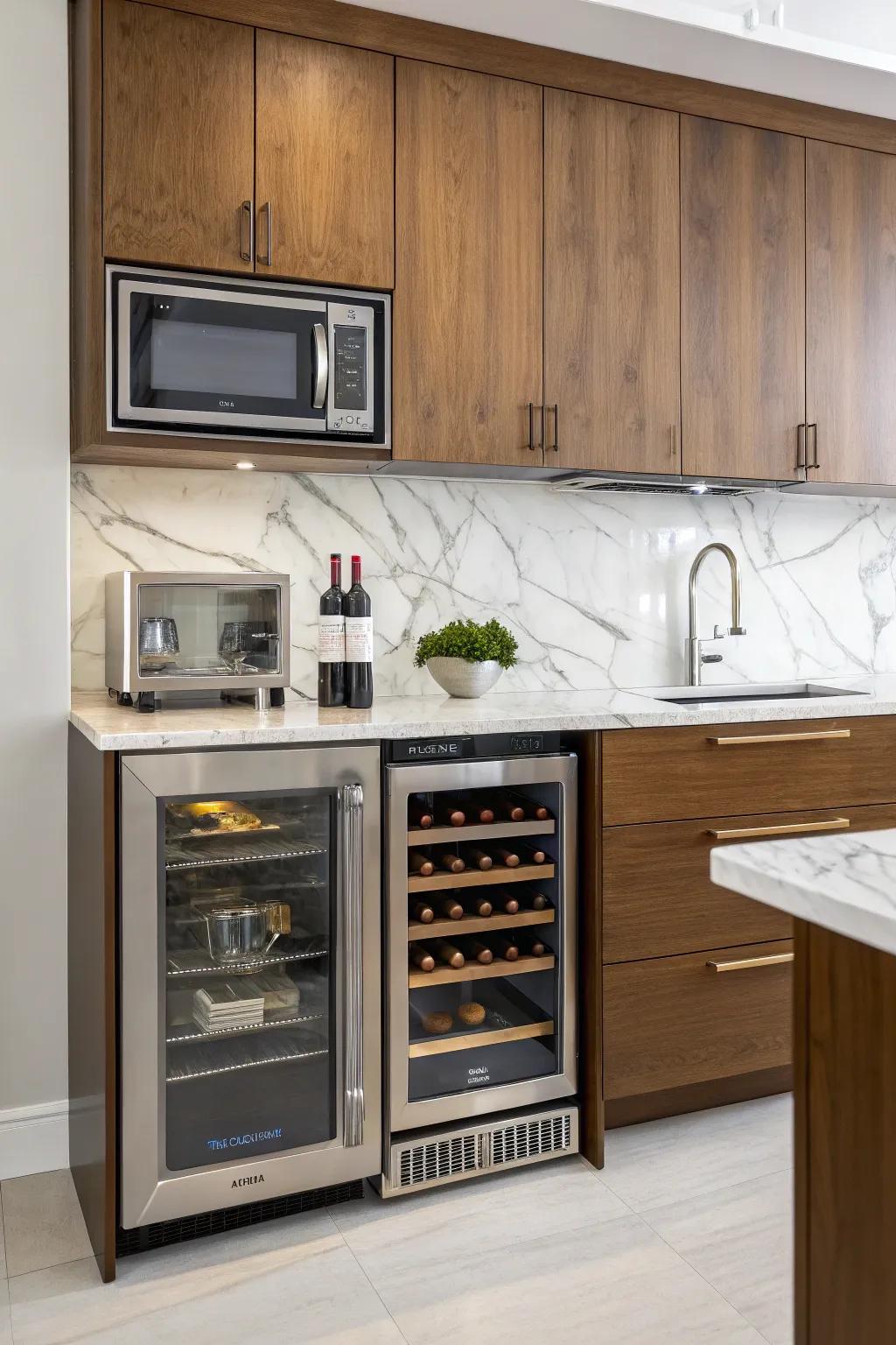 A microwave over a wine refrigerator presents a stylish and novel cooking area feature.