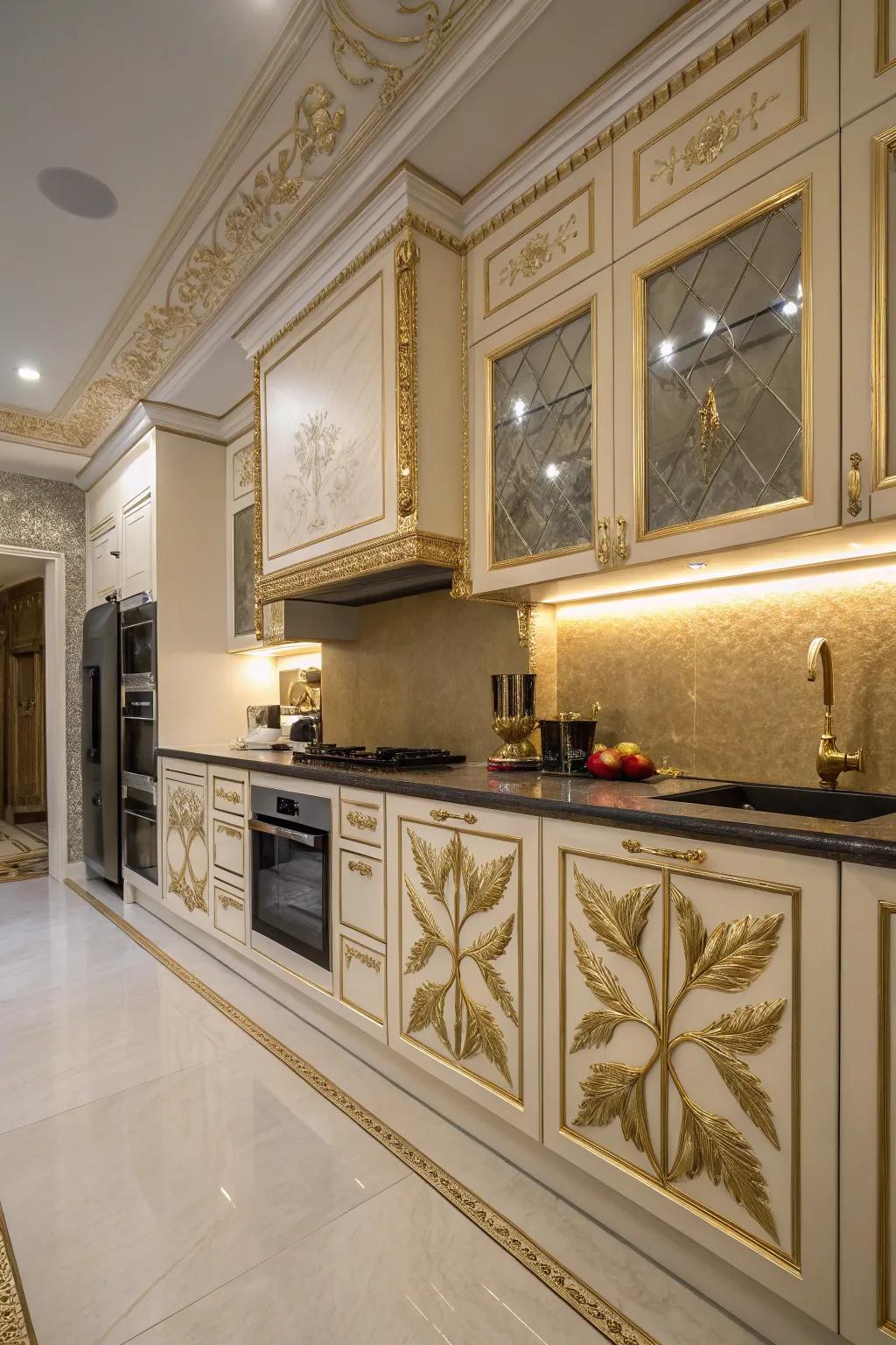 Details crafted from gold leaf create an artistic element within your cooking space.
