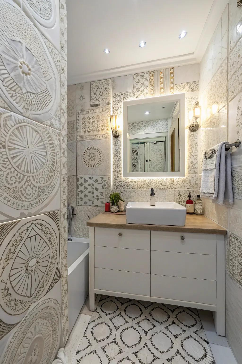 Mosaics inject a whimsical touch to white-tiled walls.