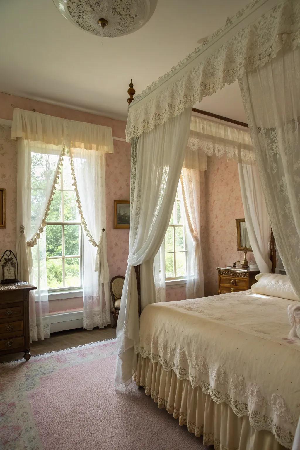 Ivory lace drapes add vintage charm and romance to this bedroom.