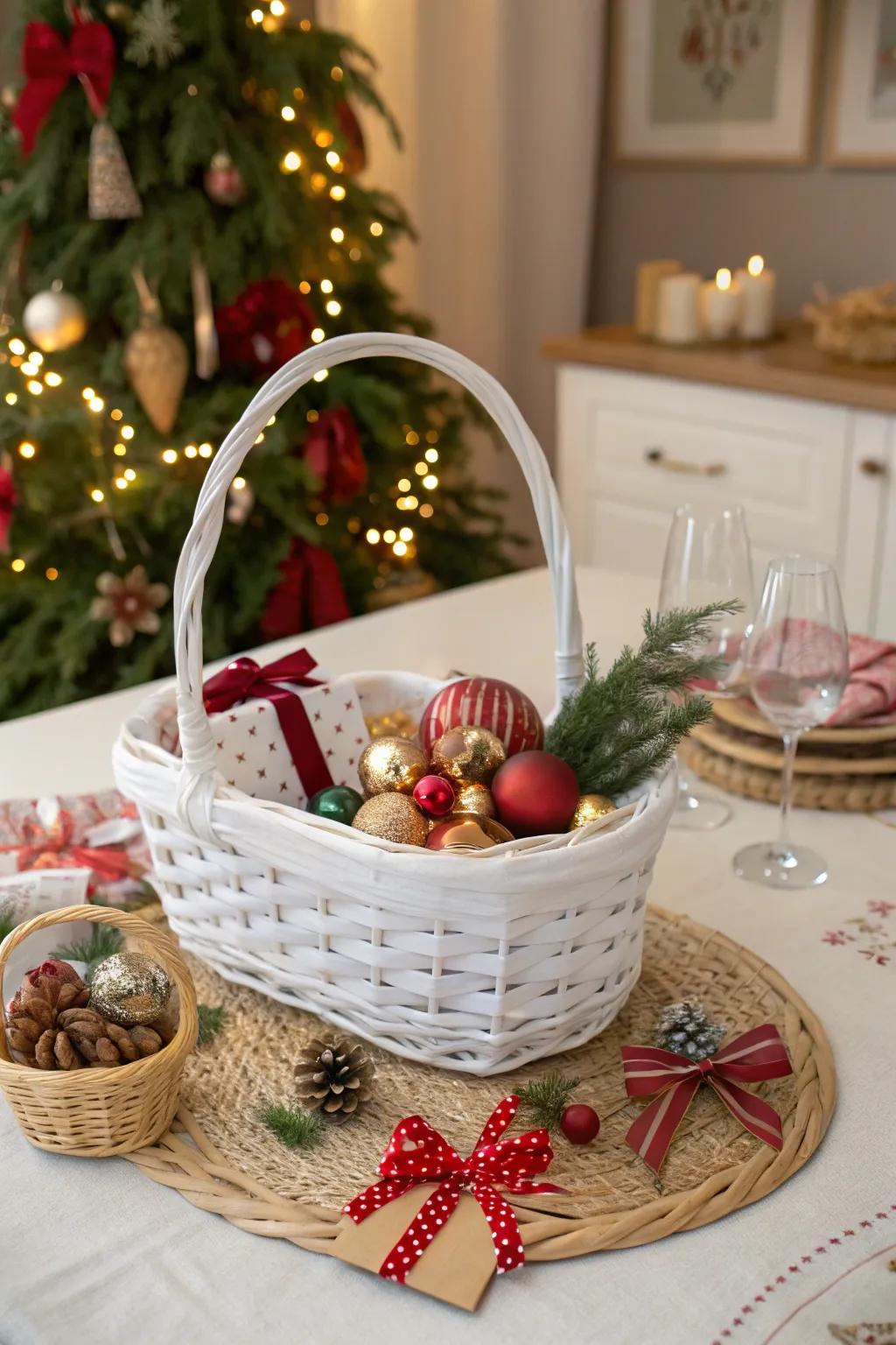 A holiday cheer white gift basket, filled with joy and festive spirit for any celebration.