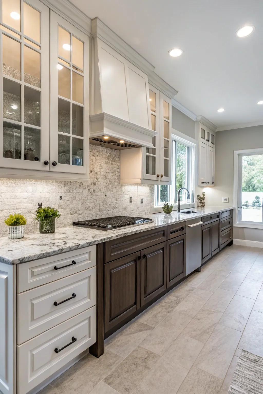 Double-shade cabinets include intensity to a kitchen using white ice granite.