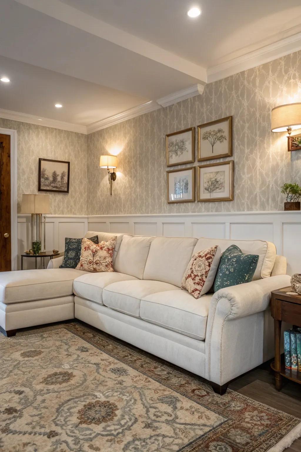 Dual-texture walls add interest to a living space featuring a white modular sofa.