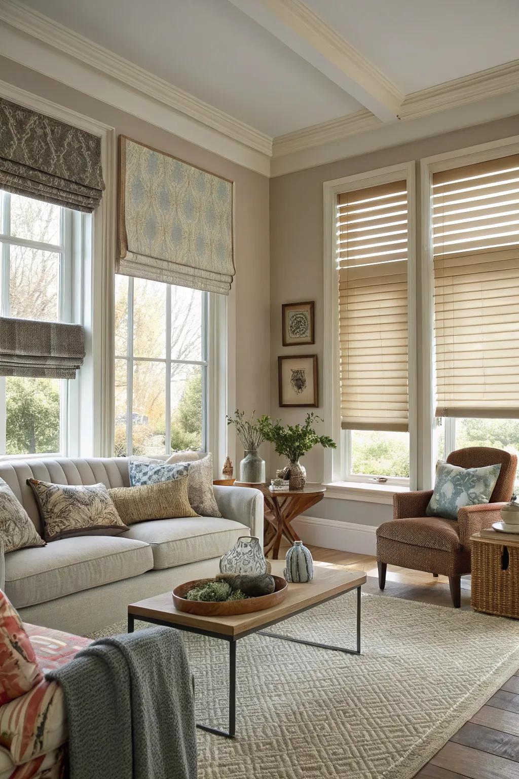 Mixing blind styles for a dynamic and interesting living room.