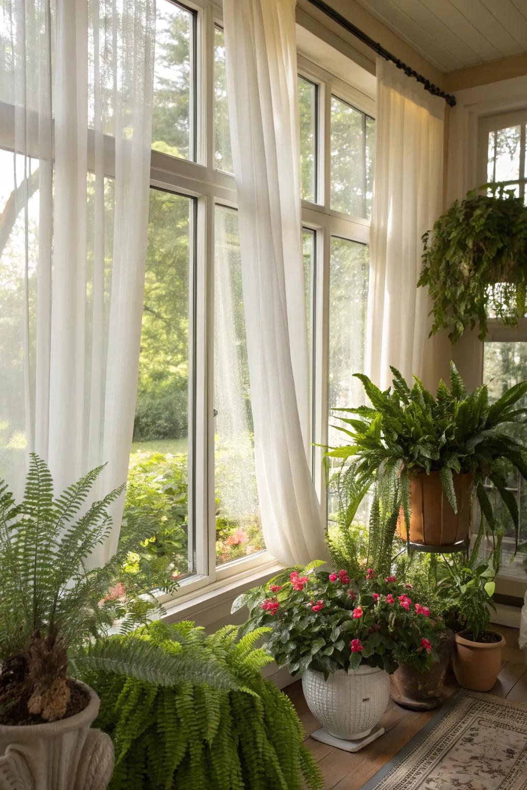 Vegetation complements see-through window coverings in this refreshing sunroom.