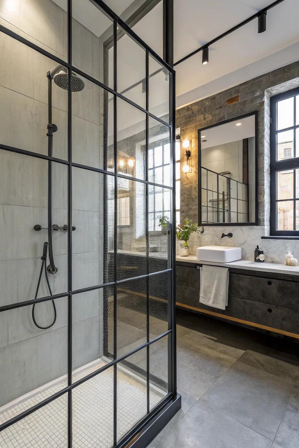 Metal frames bring an industrial touch to the shower window.