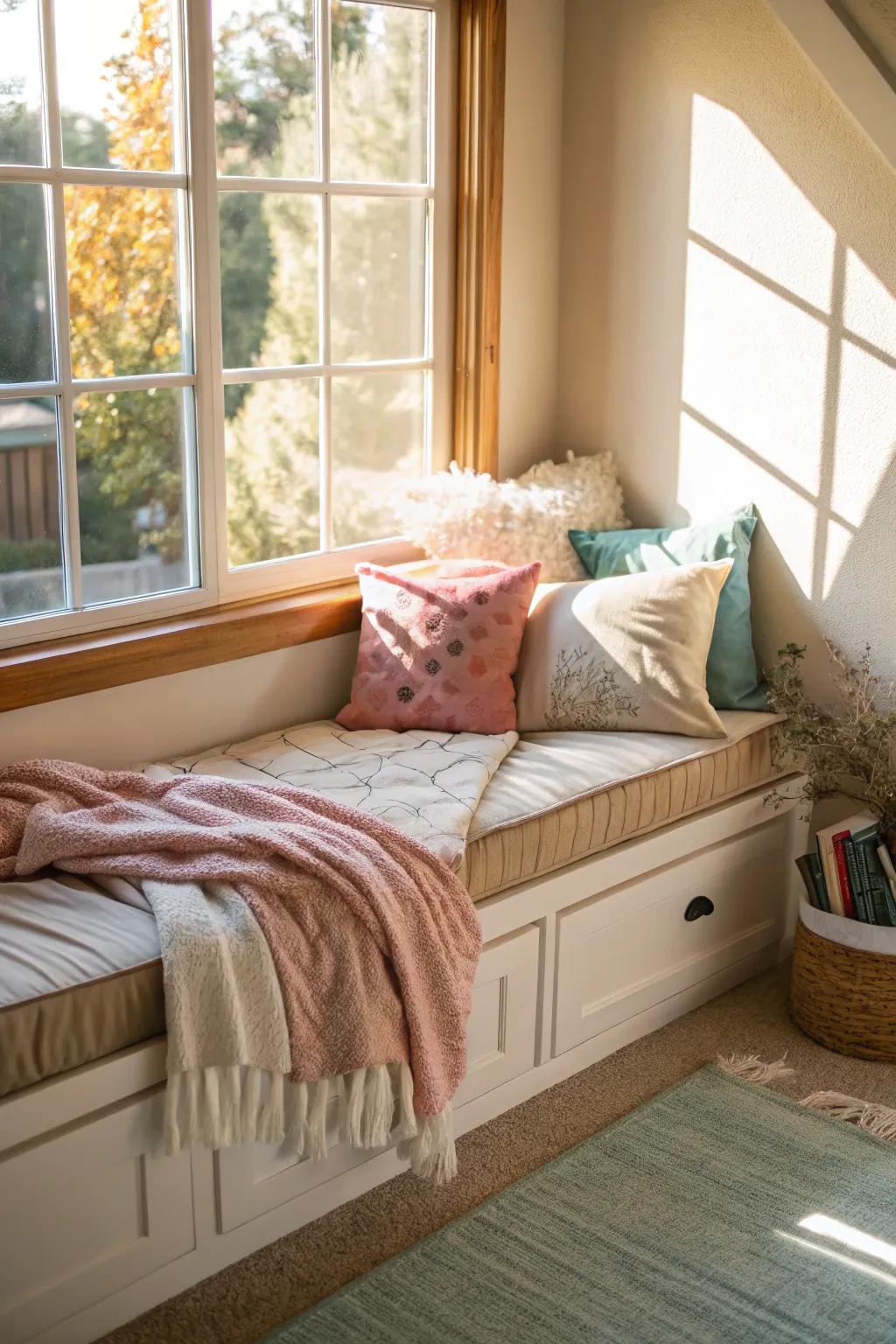 A window seat that has been turned into a daybed, making it perfect for resting and napping.