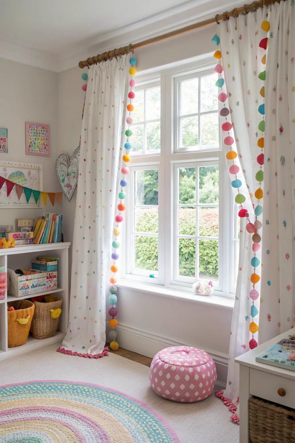 Offer some whimsy with lighthearted window treatments that have pom-pom accents.