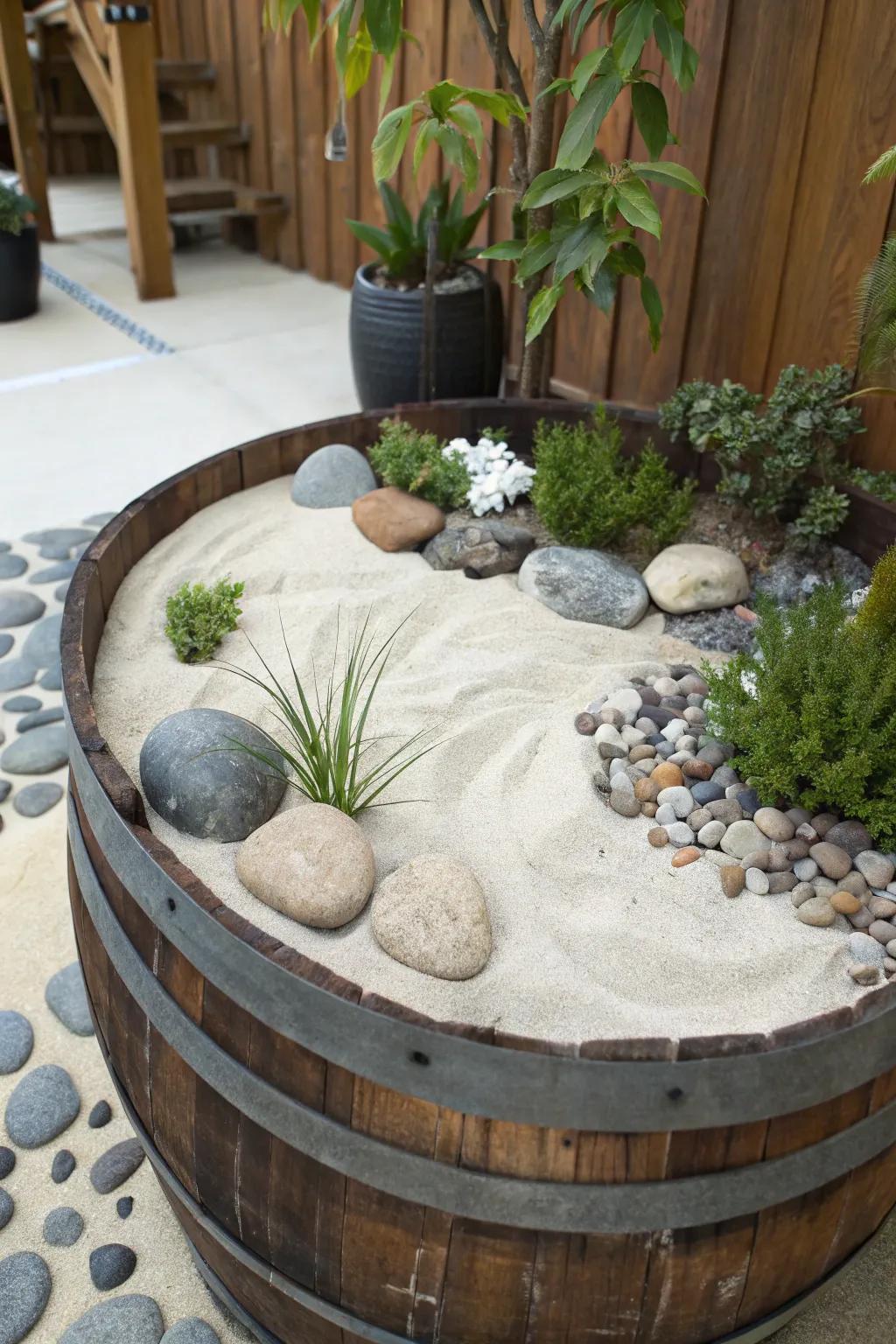 A peaceful Zen garden housed in a wine barrel.