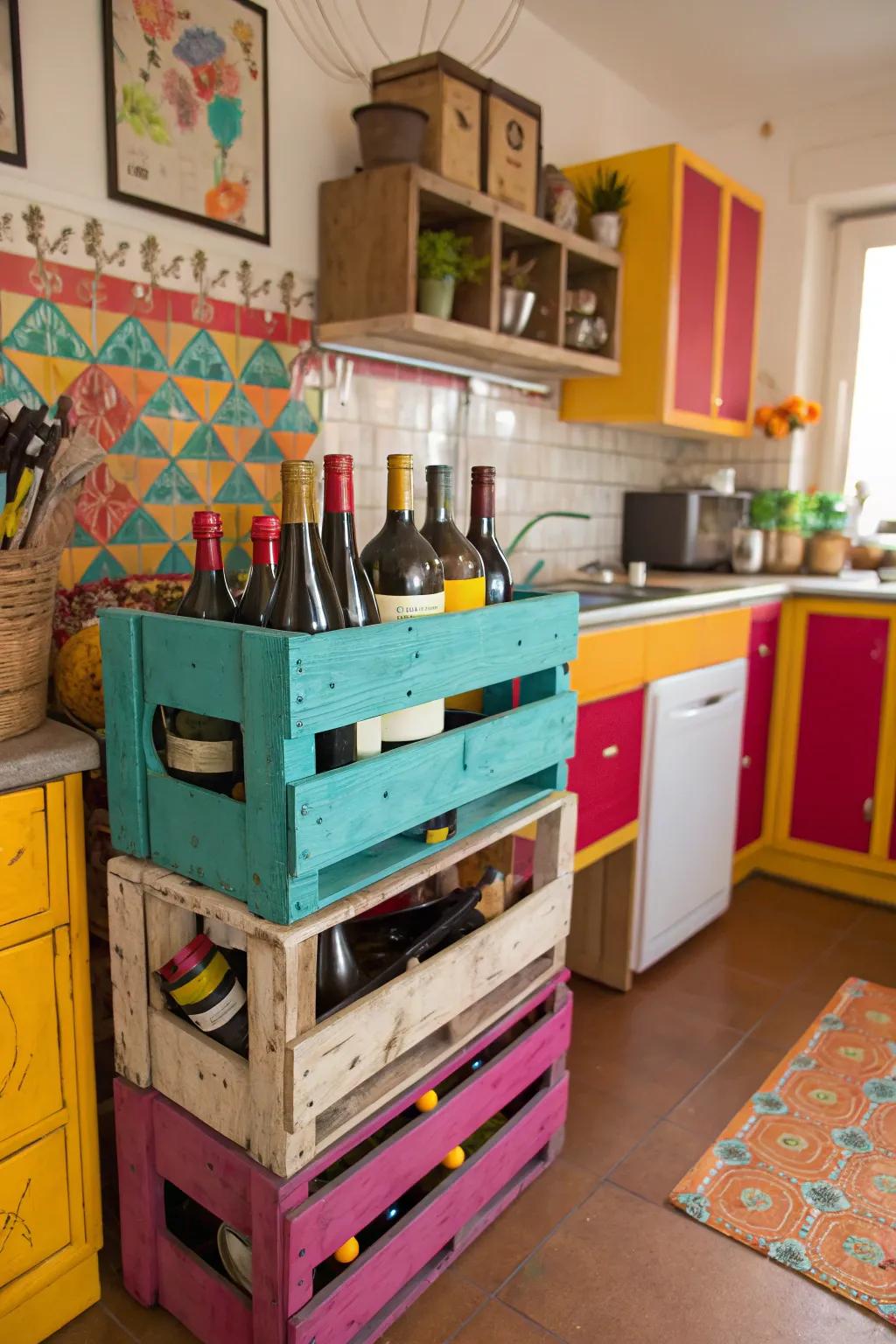 Colorful crates creating a playful showing.