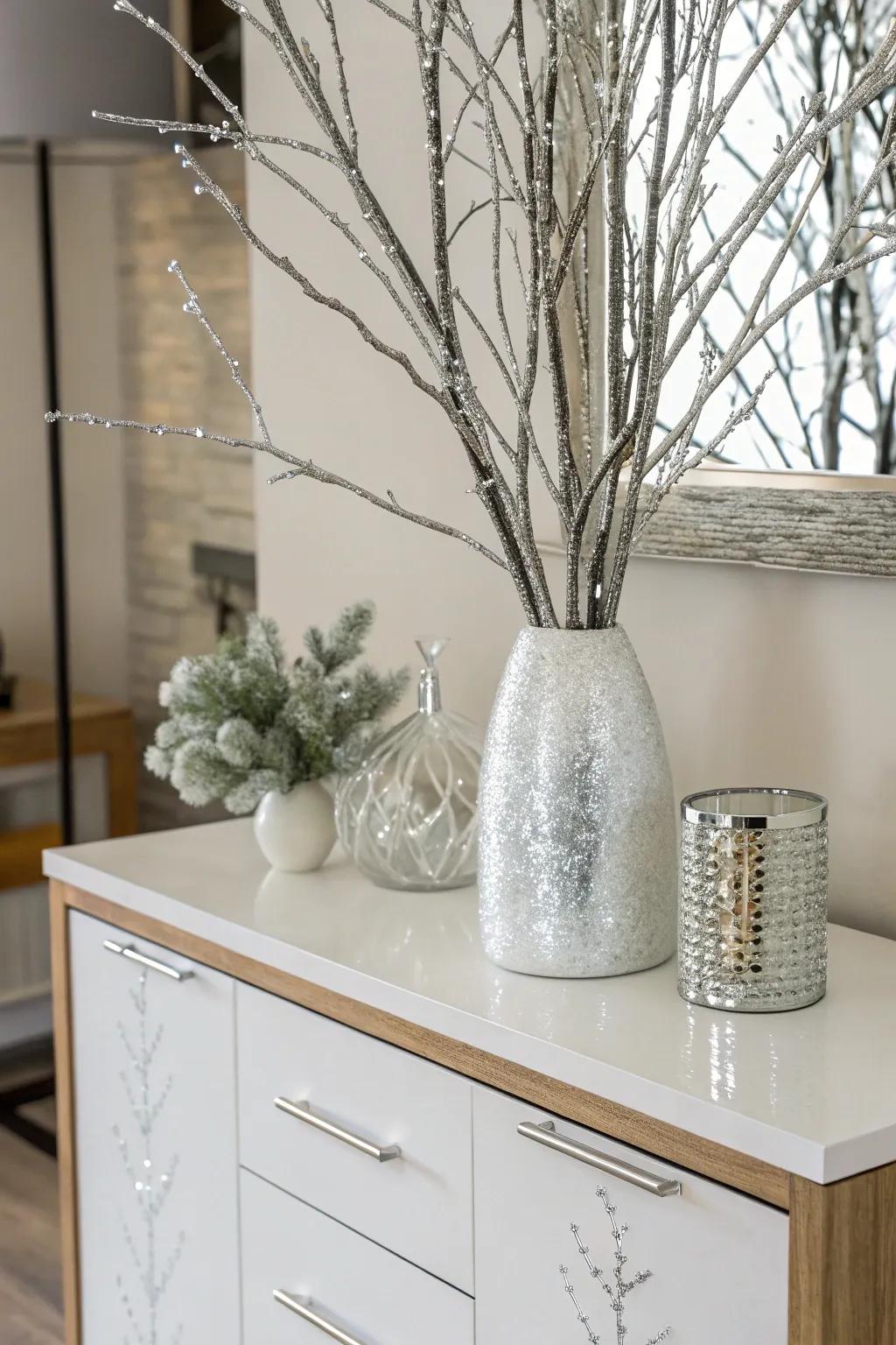 Silver branches and imitation snow fashion a chic and contemporary winter decor.