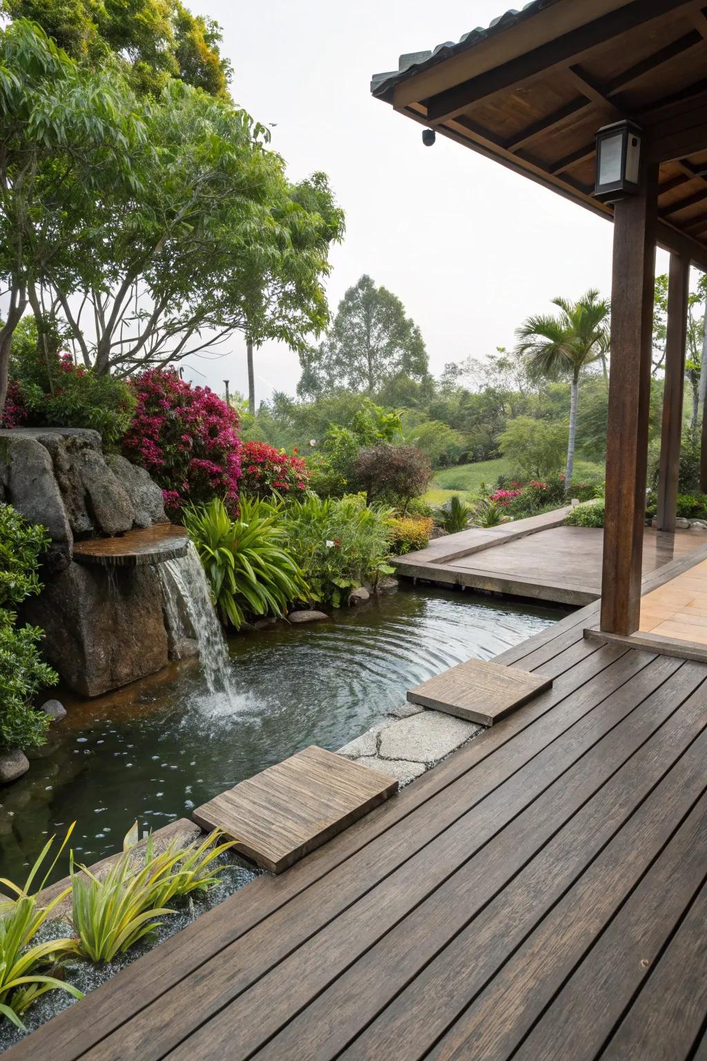 Your deck gains a serene and peaceful presence from a water feature.