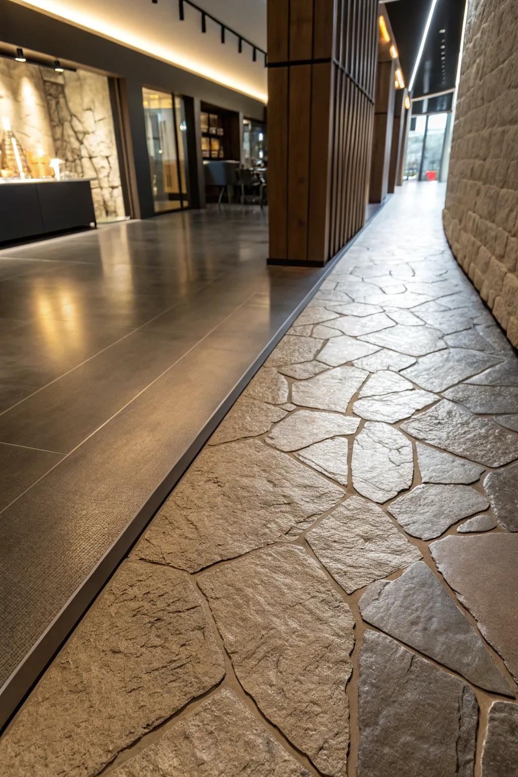 Texture contrasts in floor transitions add depth and visual intrigue.