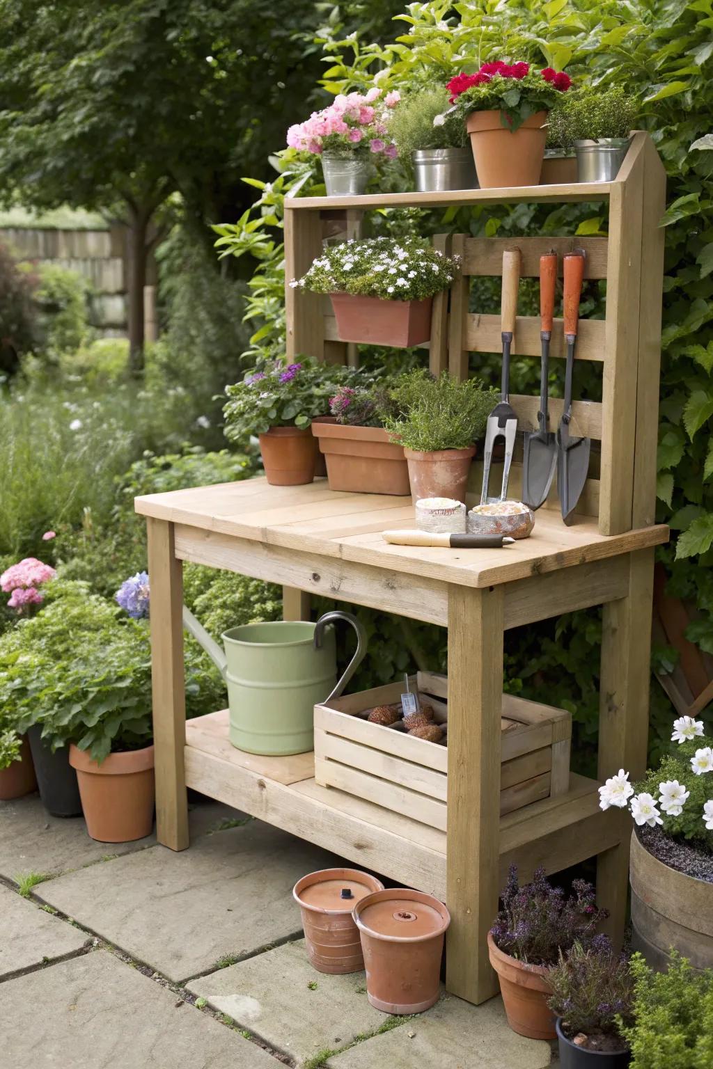 Stay organized with a practical timber potting bench.