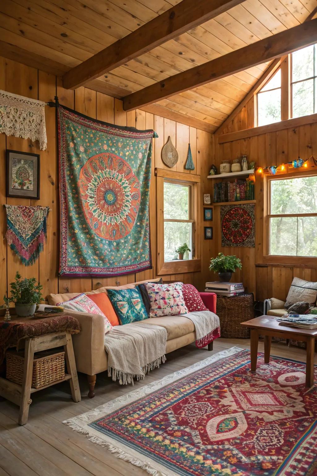 Wood paneling adds warmth to eclectic bohemian decor.