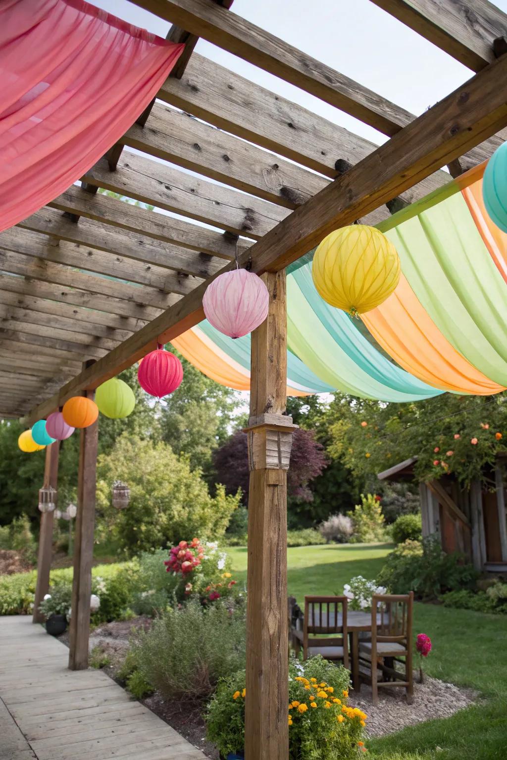 A playful fabric awning fashioning a whimsical patio shelter.