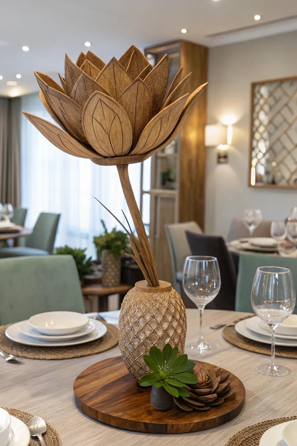 Enjoy perpetual blooms with elegant timber flower sculptures.