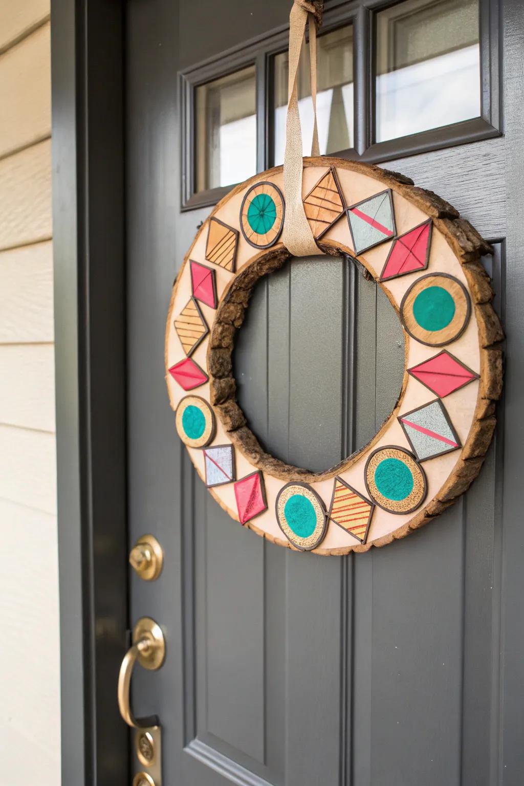 Advanced geometric wood rounds wreath, ideal for sophisticated flair.