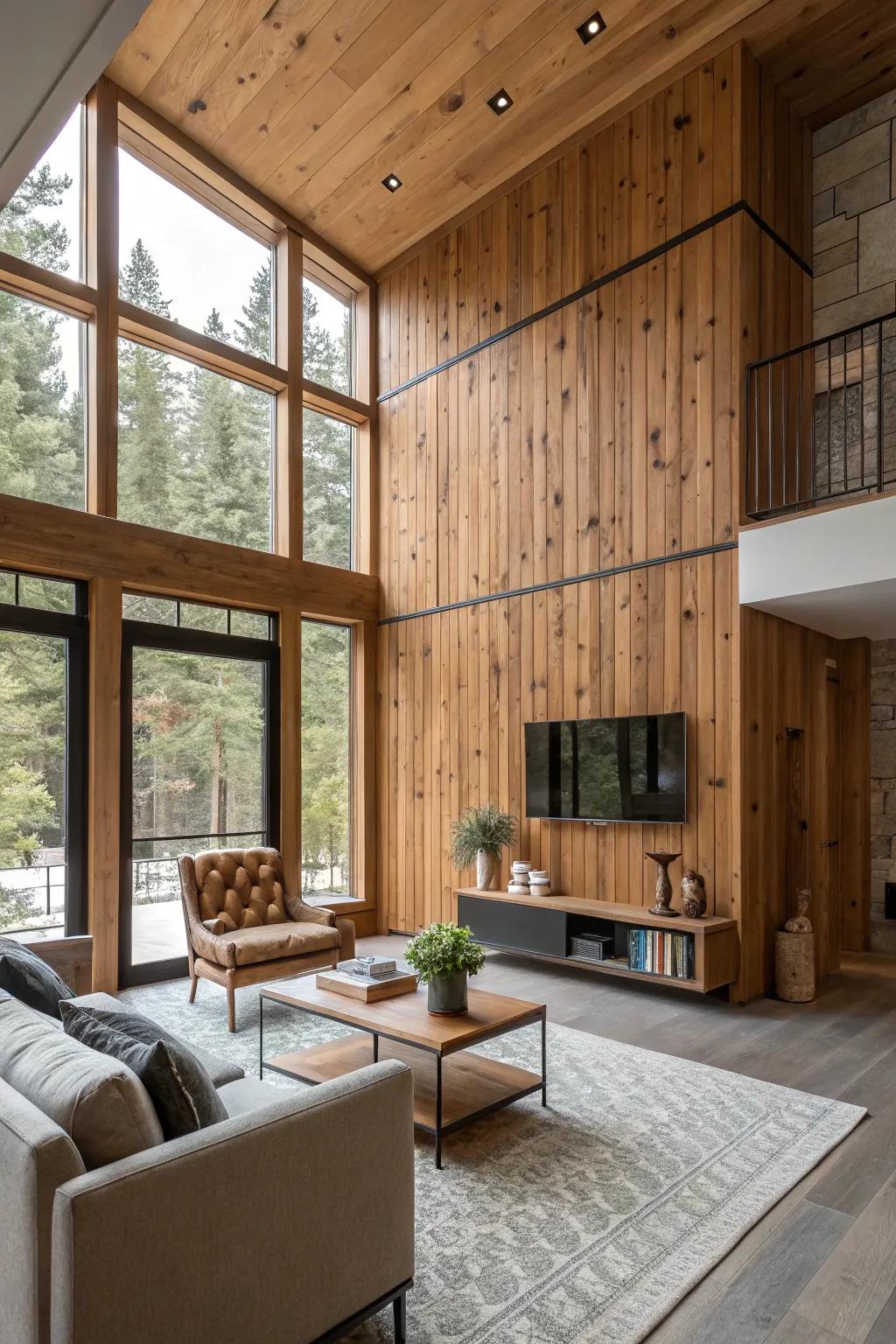 A lounge featuring dimension-enhancing timber cladding.