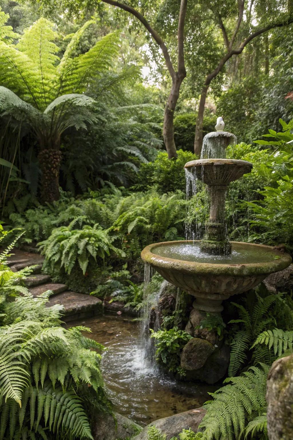 A hidden oasis fountain creating a secret garden retreat.