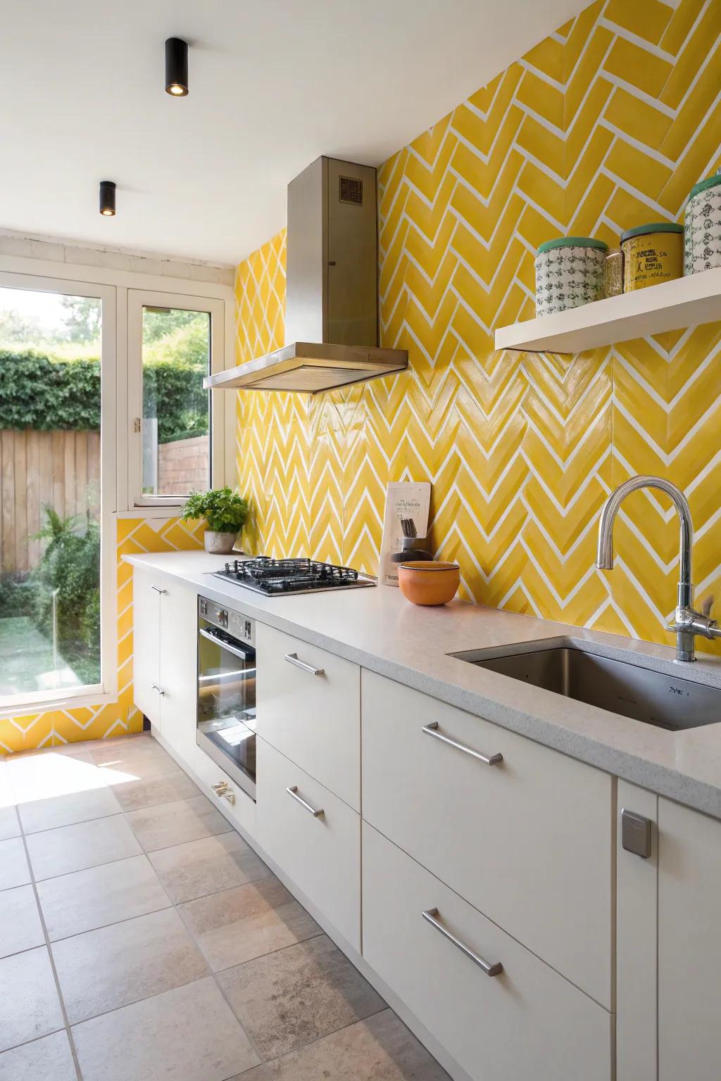 Chevron designs in goldenrod tiles fashion dynamic energy.