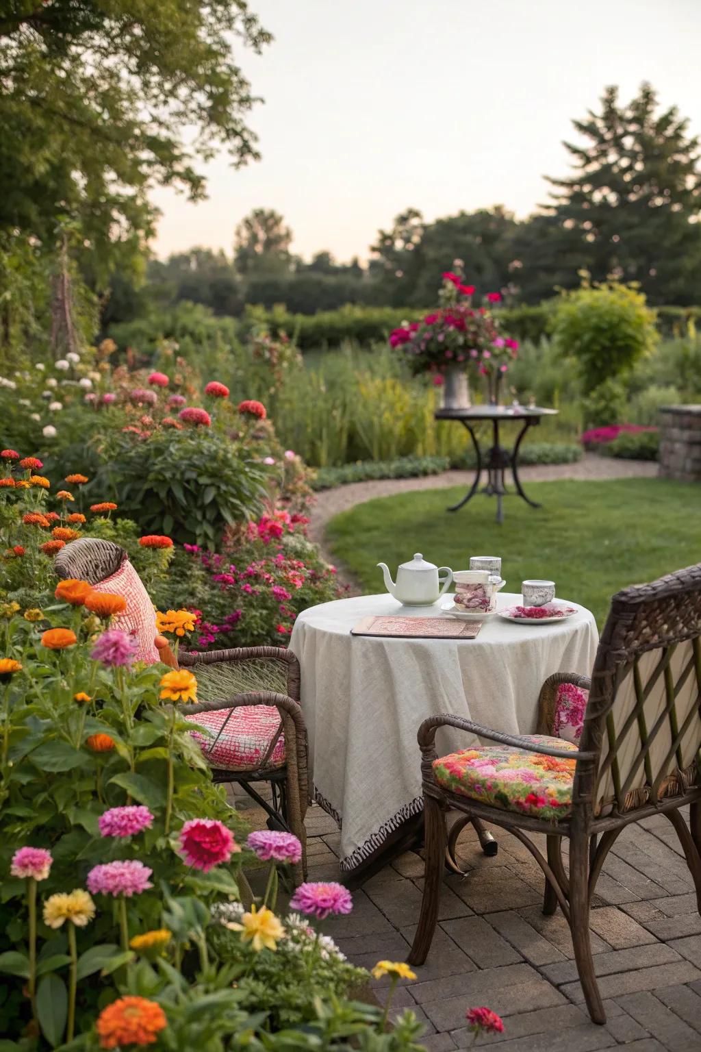 A serene tea garden enveloped by vibrant zinnias.