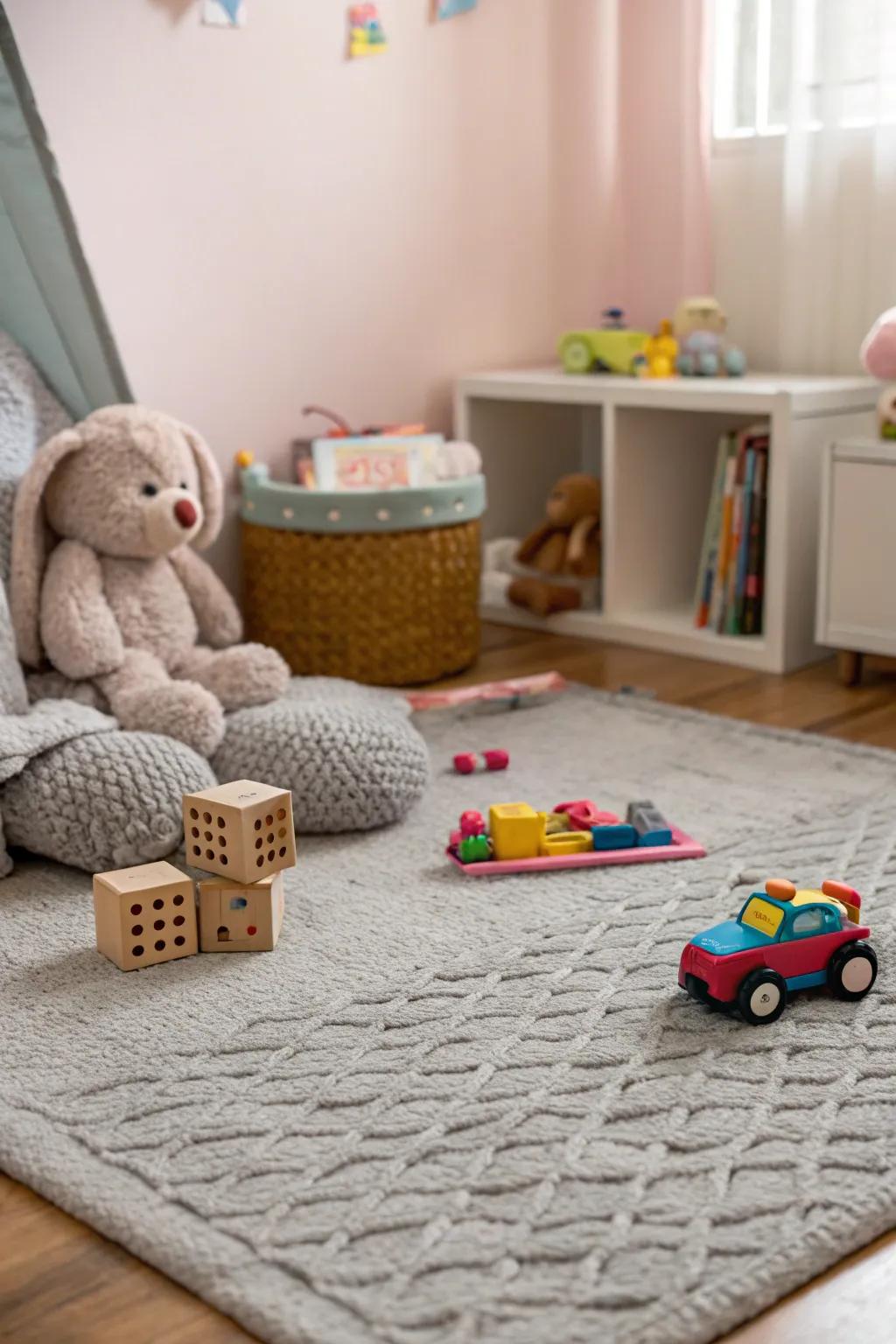 A soft textured rug adds warmth and comfort to a toddler's room.
